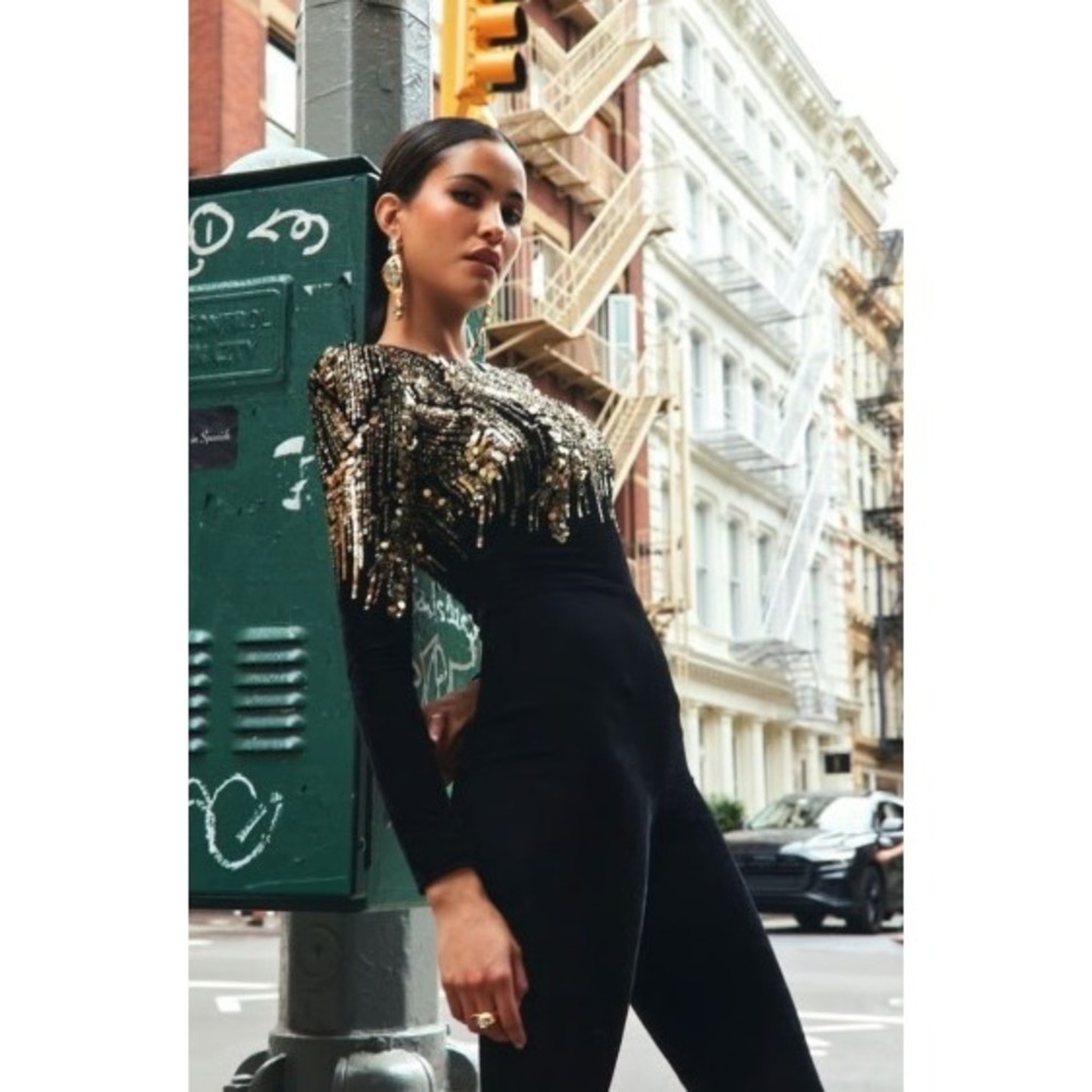 Nadine Merabi Katarina Sequin Jumpsuit Black Velvet Gold Jumpsuit US 2 New Party